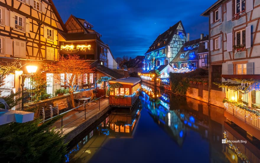 Traditional Alsatian half-timbered houses and the Lauch River Colmar, Alsace