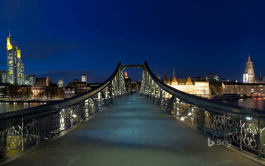 Panoramic view of Frankfurt's skyline and pedestrian bridge Eiserner Steg, Germany