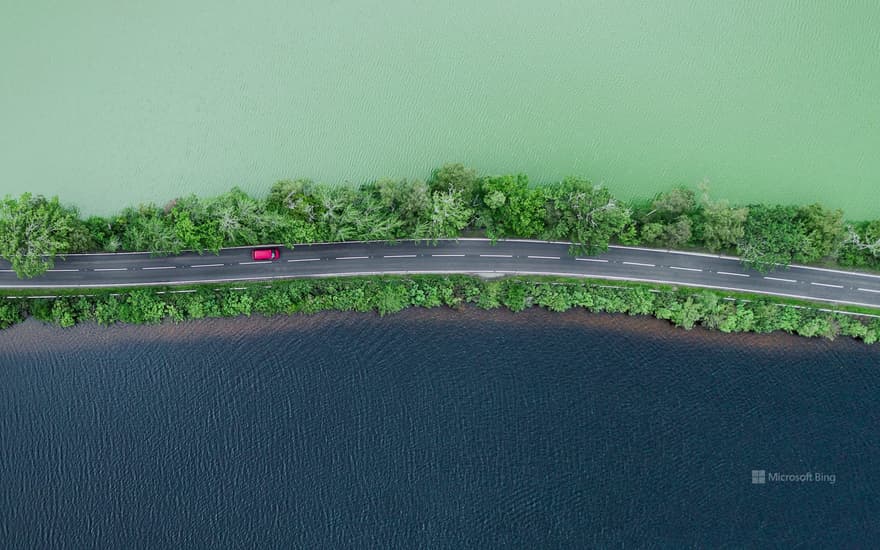 Aerial of the A82 crossing Loch Dochfour, Highlands