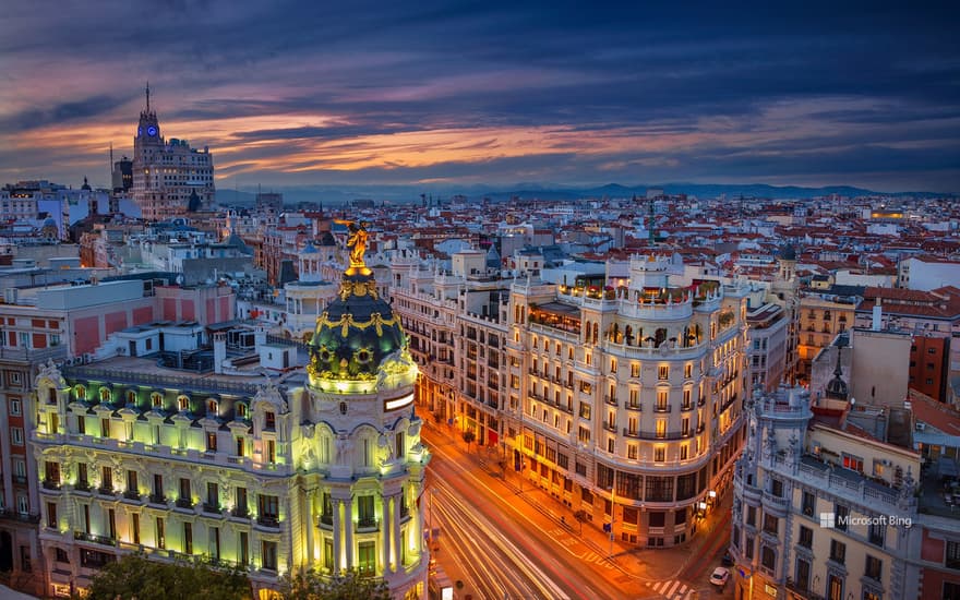 Gran Vía and Metrópolis Building in Madrid, Spain