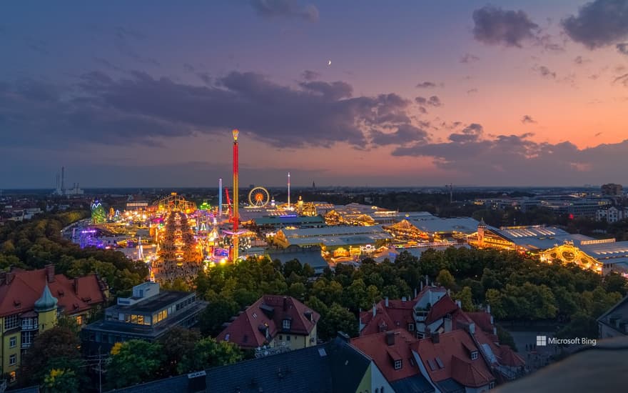 Oktoberfest in Munich from a high view at sunset