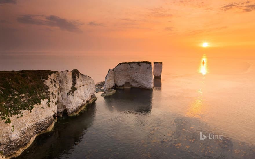 Sunrise at the chalk pinnacles of Old Harry Rocks, near Studland, Dorset